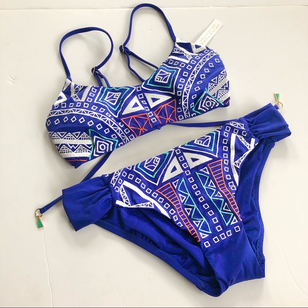 Trina Turk Blue Embroidered Two Piece Swimsuit size 4